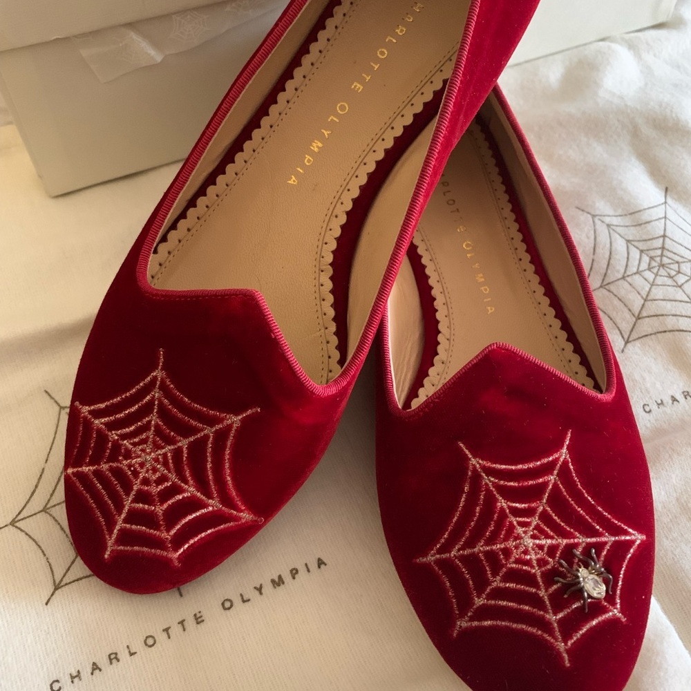CHARLOTTE OLYMPIA Spiderweb Flats - Crimson Red Velvet - Size 8 - Authentic NIB